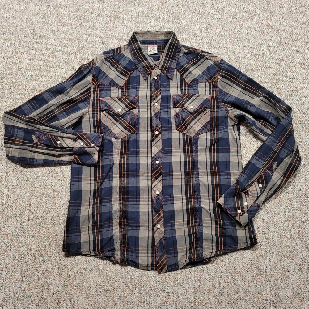 True Religion Western Shirt Mens 3XL Blue Plaid Pearl Snap Long Sleeve Cowboy